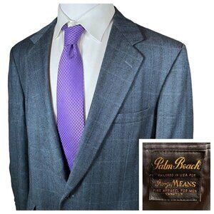 Palm Beach Sport Coat Mens 45L Vintage Blue Herringbone Windowpane Check Wool